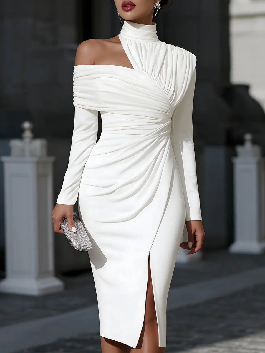 White Asymmetric Ruched Midi Dress
